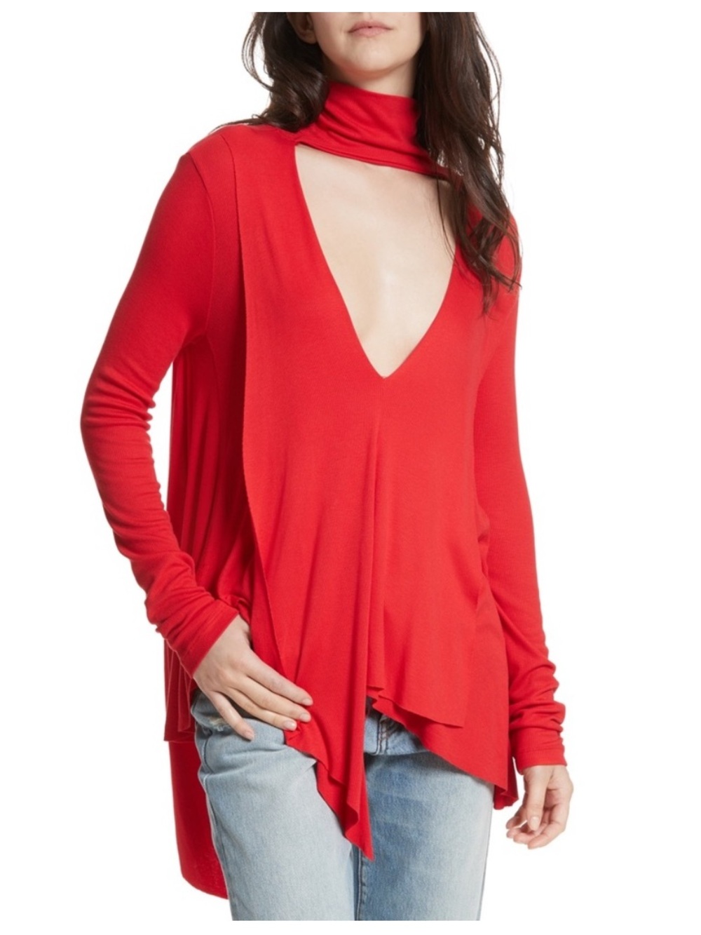 NWT Free People Uptown Choker-Neck Long Sleeve Tunic Top Asymmetric Red Size L